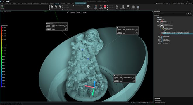 Overall 3D view on the position and size of the voids within the Christmas tree with VGStudio Max